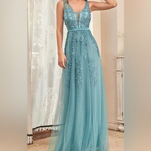 Ever Pretty Elegant Lace Appliqué Teal Evening Dress - Women